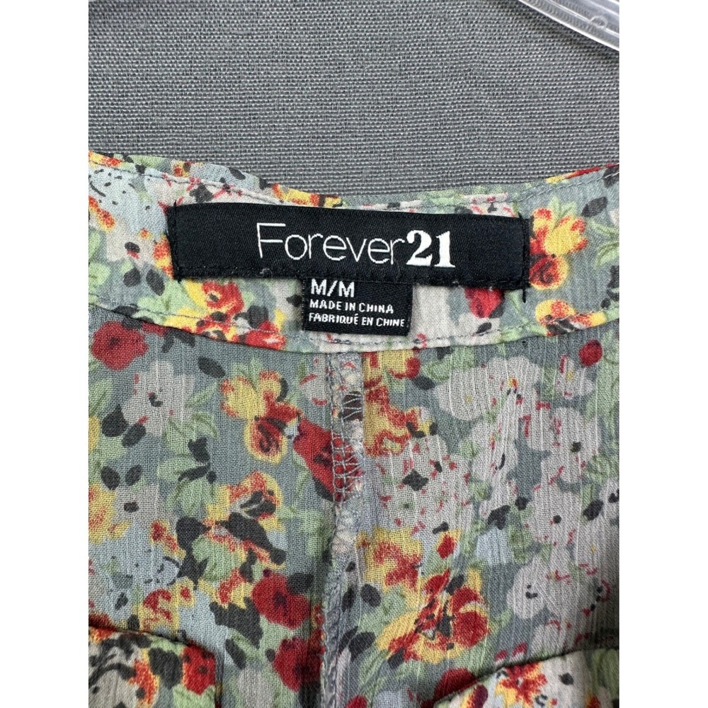 Forever 21 Floral V-Neck Blouse Cinched Waist Lace Trim Dolman Sleeve Medium